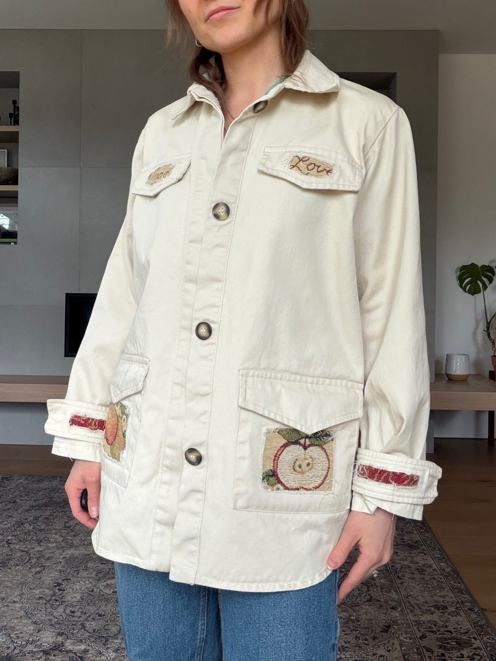 Reworked cotton Wat the Brand twill jacket w/ tapestry patchwork xs to small